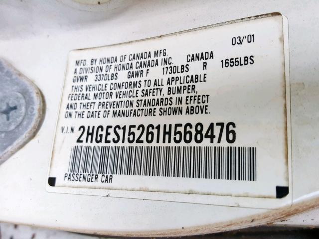 2HGES15261H568476 - 2001 HONDA CIVIC DX WHITE photo 10