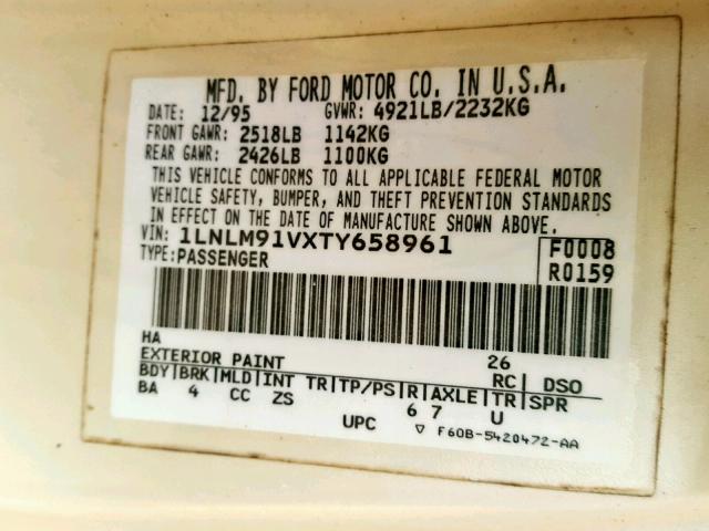 1LNLM91VXTY658961 - 1996 LINCOLN MARK VIII CREAM photo 10