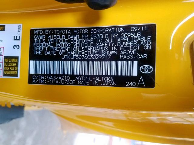 JTKJF5C76C3029717 - 2012 TOYOTA SCION TC ყვითელი ფოტო 10