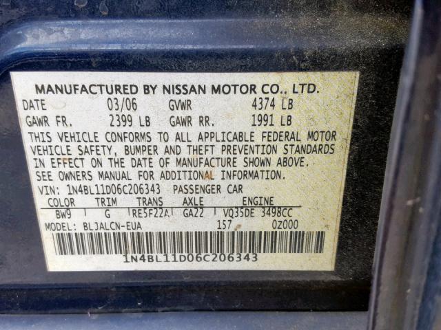 1N4BL11D06C206343 - 2006 NISSAN ALTIMA SE BLUE photo 10