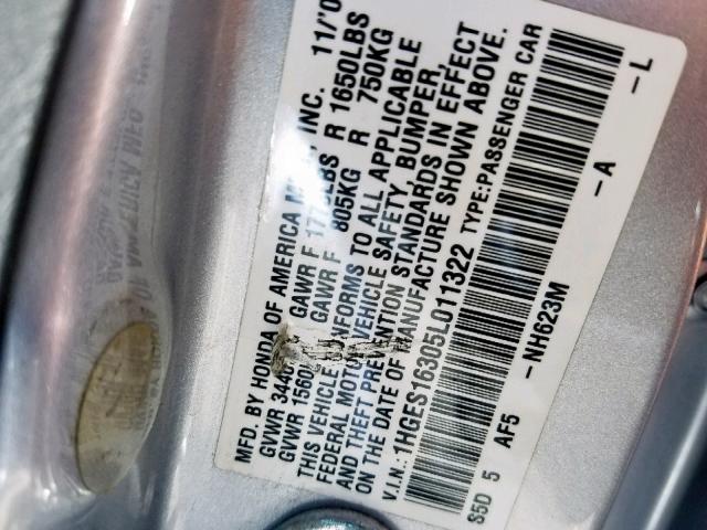 1HGES16305L011322 - 2005 HONDA CIVIC DX V SILVER photo 10