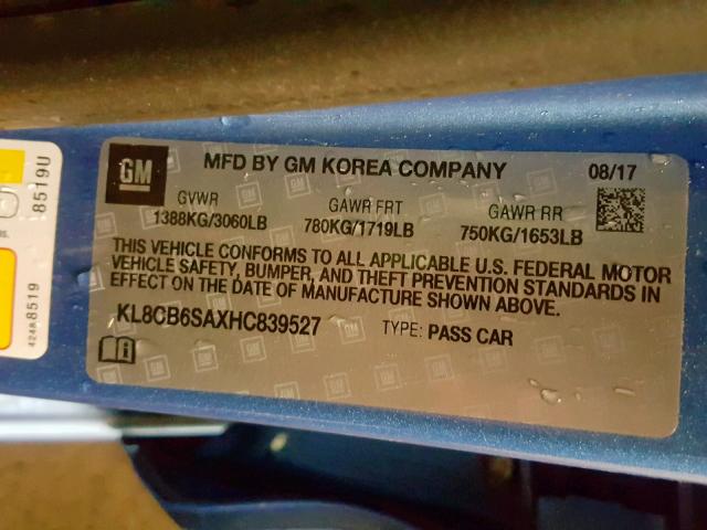 KL8CB6SAXHC839527 - 2017 CHEVROLET SPARK LS BLUE photo 10