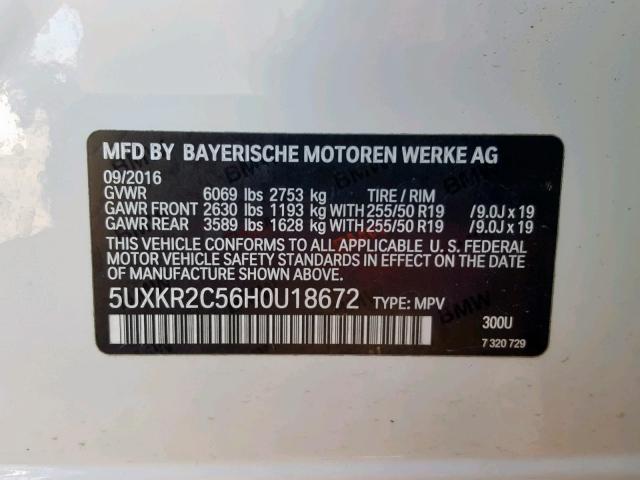5UXKR2C56H0U18672 - 2017 BMW X5 SDRIVE3 WHITE photo 10