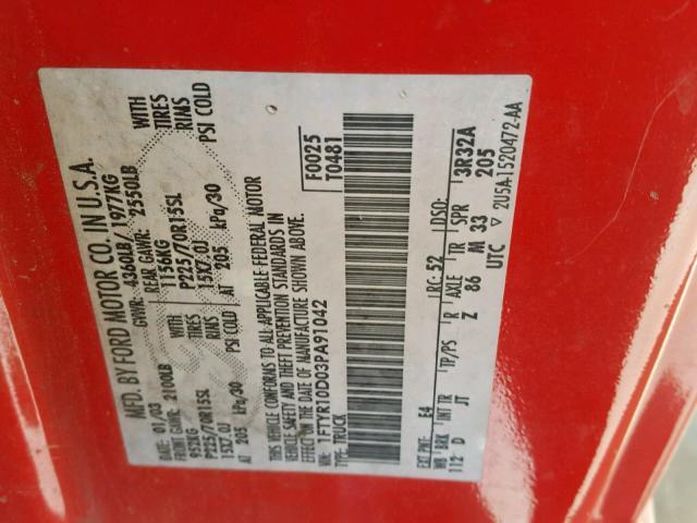 1FTYR10D03PA91042 - 2003 FORD RANGER RED photo 10