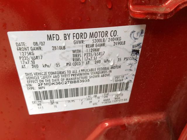 2FMDK36C27BB53935 - 2007 FORD EDGE SE RED photo 10