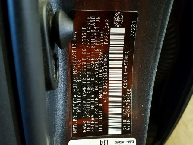 4T1BK36B38U301066 - 2008 TOYOTA AVALON XL GRAY photo 10