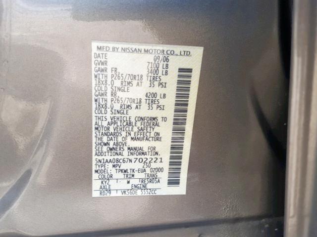 5N1AA08C67N702221 - 2007 NISSAN ARMADA SE GRAY photo 10