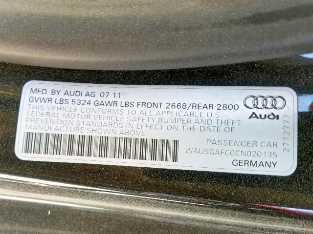 WAUSGAFC0CN020135 - 2012 AUDI A7 PRESTIG BLACK photo 10