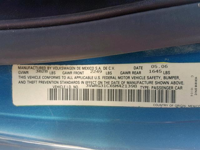 3VWRG31CX6M421398 - 2006 VOLKSWAGEN NEW BEETLE მწვანე ფოტო 10