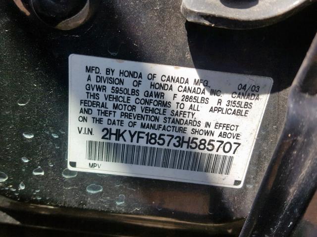 2HKYF18573H585707 - 2003 HONDA PILOT EXL BLACK photo 10