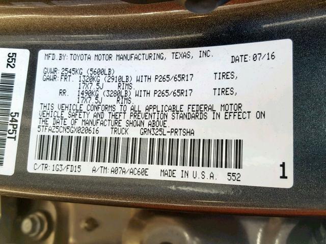 5TFAZ5CN5GX020616 - 2016 TOYOTA TACOMA DOU GRAY photo 10