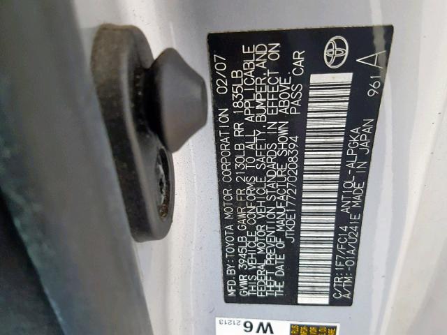 JTKDE177270208394 - 2007 TOYOTA SCION TC ვერცხლისფერი ფოტო 10