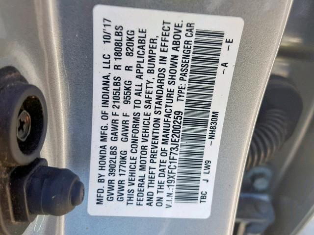 19XFC1F73JE200259 - 2018 HONDA CIVIC EXL SILVER photo 10