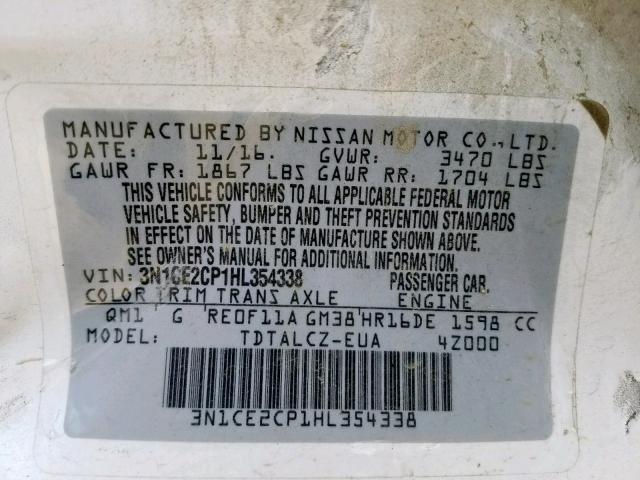 3N1CE2CP1HL354338 - 2017 NISSAN VERSA NOTE WHITE photo 10