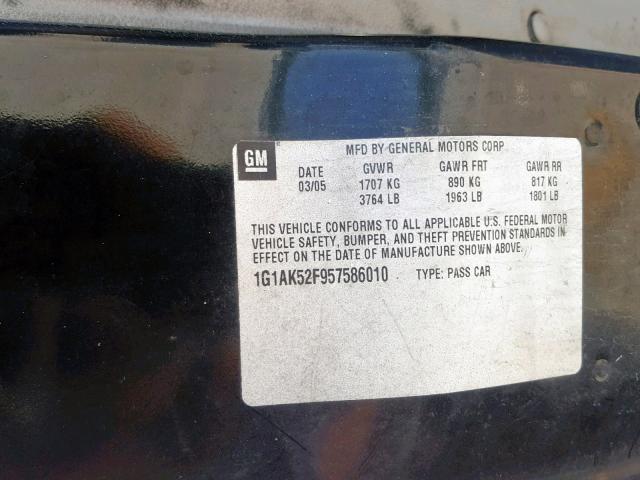 1G1AK52F957586010 - 2005 CHEVROLET COBALT BLACK photo 10