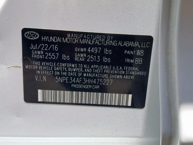 5NPE34AF3HH475227 - 2017 HYUNDAI SONATA SPO WHITE photo 10