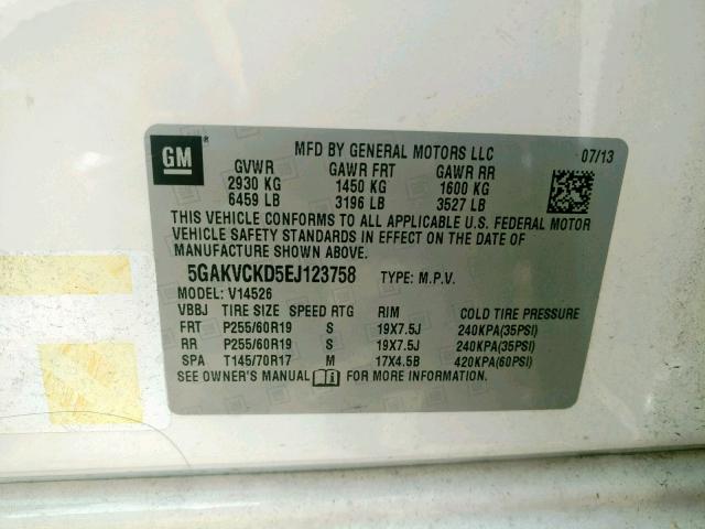 5GAKVCKD5EJ123758 - 2014 BUICK ENCLAVE WHITE photo 10