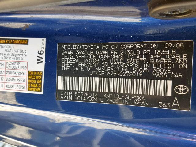 JTKDE167590292019 - 2009 TOYOTA SCION TC ლურჯი ფოტო 10