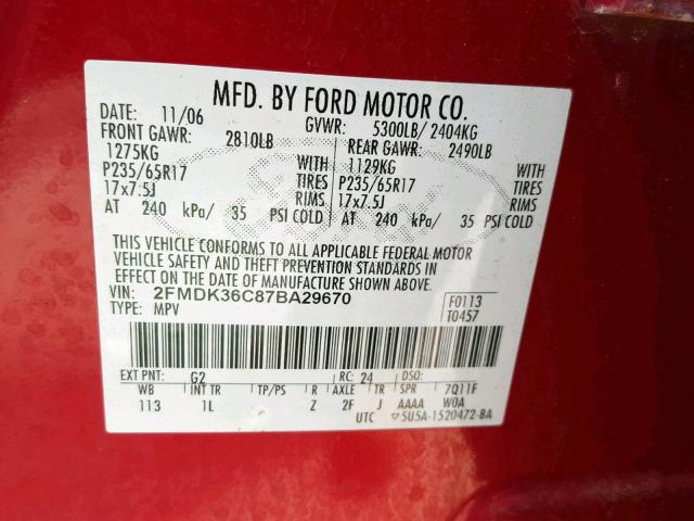 2FMDK36C87BA29670 - 2007 FORD EDGE SE BURGUNDY photo 10