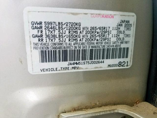 JA4MW51S75J002644 - 2005 MITSUBISHI MONTERO LI BEIGE photo 10