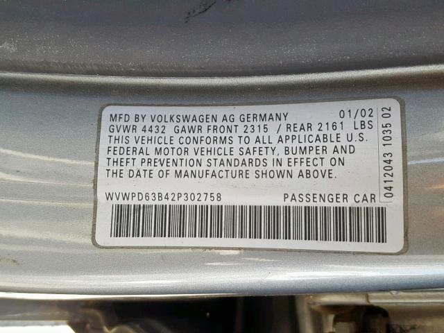 WVWPD63B42P302758 - 2002 VOLKSWAGEN PASSAT GLS GRAY photo 10