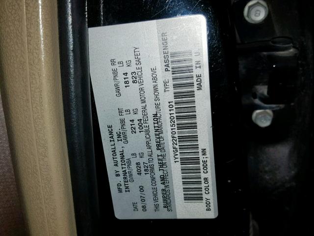 1YVGF22F015201101 - 2001 MAZDA 626 ES BLACK photo 10