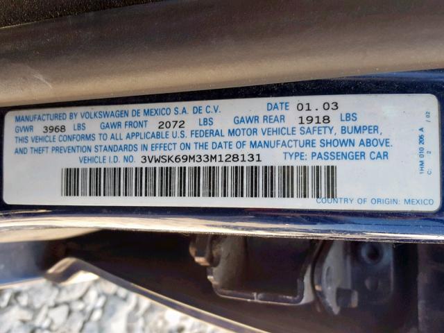 3VWSK69M33M128131 - 2003 VOLKSWAGEN JETTA GLS BLUE photo 10