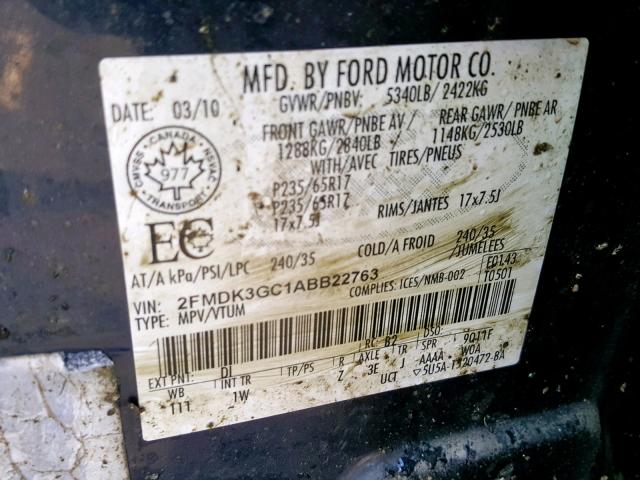 2FMDK3GC1ABB22763 - 2010 FORD EDGE SE BLUE photo 10