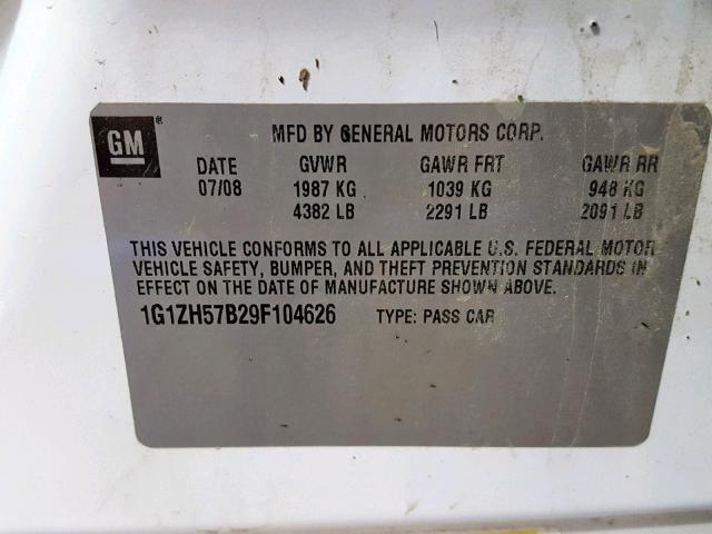 1G1ZH57B29F104626 - 2009 CHEVROLET MALIBU 1LT 白色 照片 10