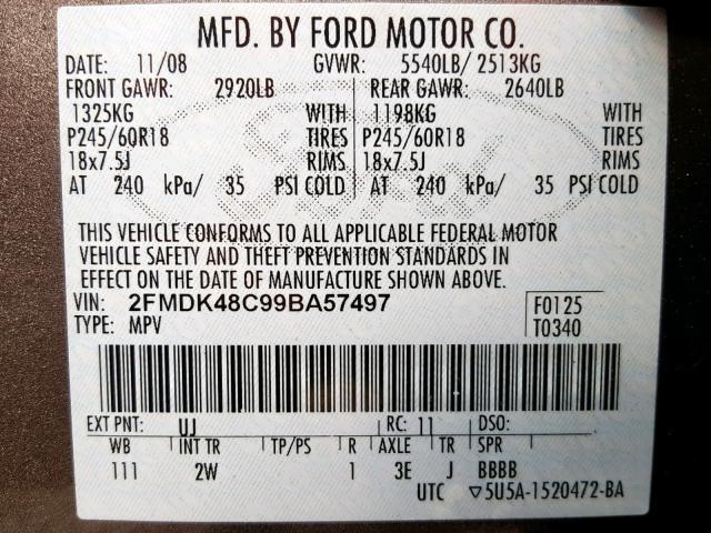 2FMDK48C99BA57497 - 2009 FORD EDGE SEL GRAY photo 10