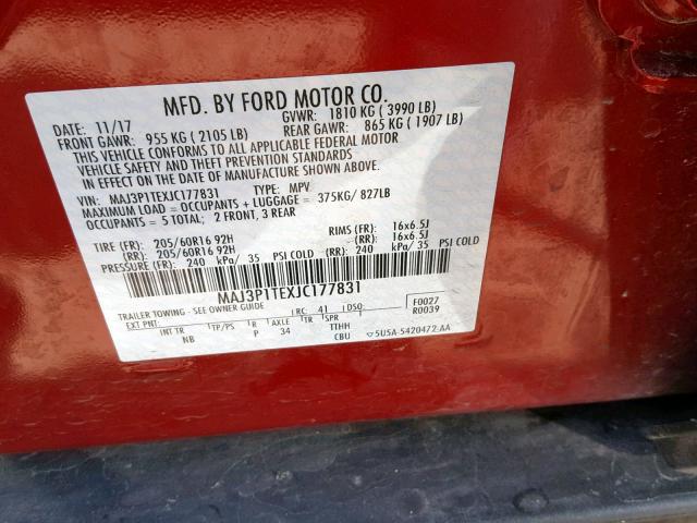 MAJ3P1TEXJC177831 - 2018 FORD ECOSPORT S RED photo 10