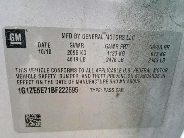 1G1ZE5E71BF222695 - 2011 CHEVROLET MALIBU LTZ ვერცხლისფერი ფოტო 10