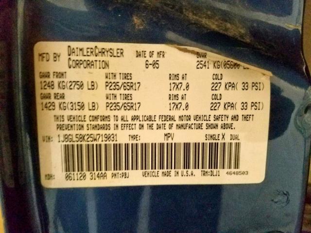 1J8GL58K25W719031 - 2005 JEEP LIBERTY LI BLUE photo 10