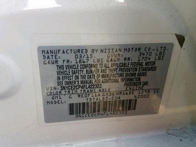 3N1CE2CP4FL422323 - 2015 NISSAN VERSA NOTE WHITE photo 10