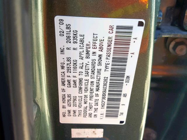 1HGCP368X9A036262 - 2009 HONDA ACCORD EXL TEAL photo 10