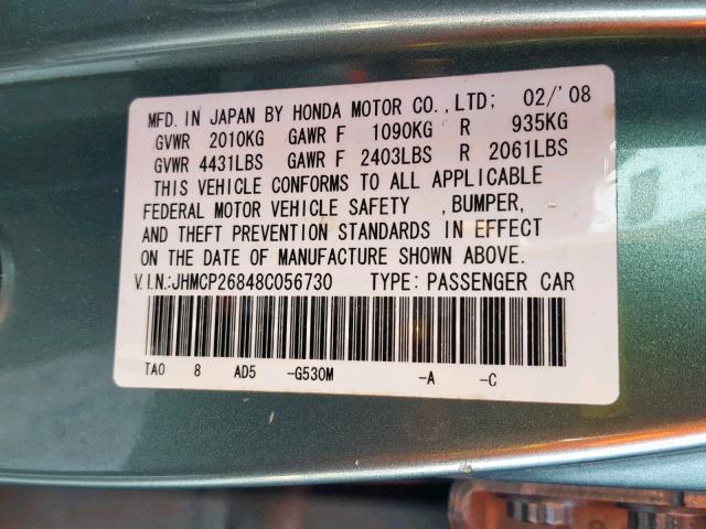 JHMCP26848C056730 - 2008 HONDA ACCORD EXL GREEN photo 10