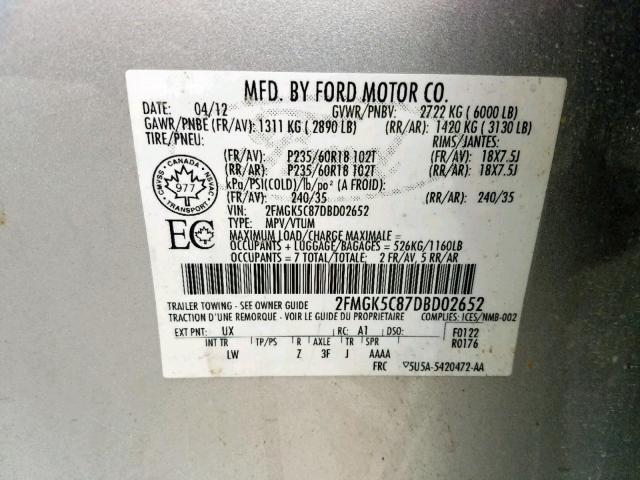 2FMGK5C87DBD02652 - 2013 FORD FLEX SEL SILVER photo 10