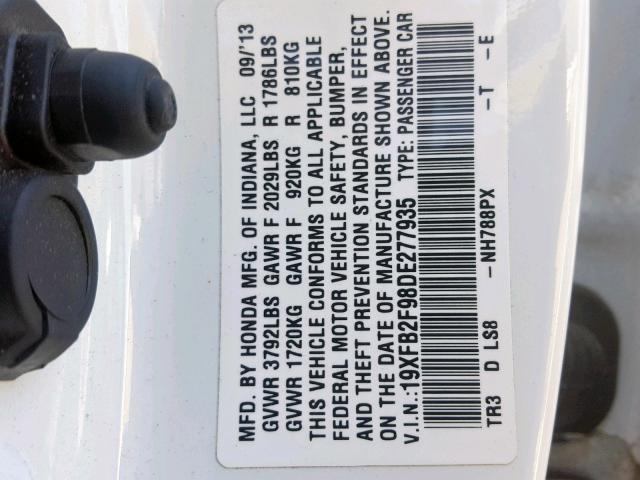 19XFB2F98DE277935 - 2013 HONDA CIVIC EXL თეთრი ფოტო 10