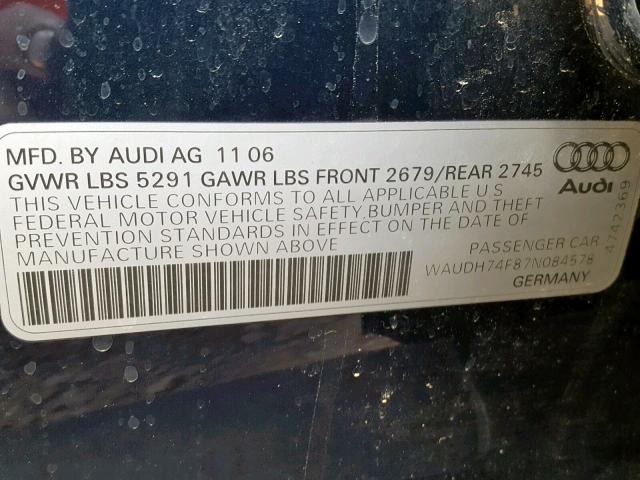 WAUDH74F87N084578 - 2007 AUDI A6 3.2 QUA BLUE photo 10