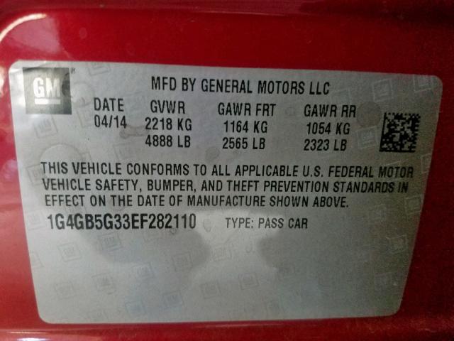 1G4GB5G33EF282110 - 2014 BUICK LACROSSE RED photo 10