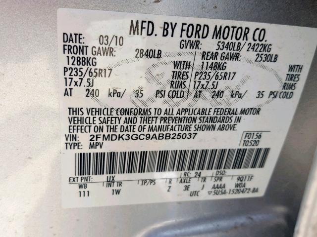 2FMDK3GC9ABB25037 - 2010 FORD EDGE SE SILVER photo 10