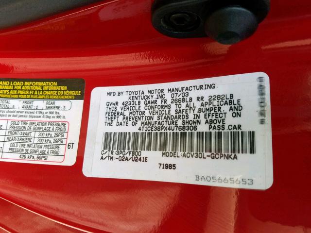 4T1CE38PX4U768306 - 2004 TOYOTA CAMRY SOLA Qırmızı foto 10