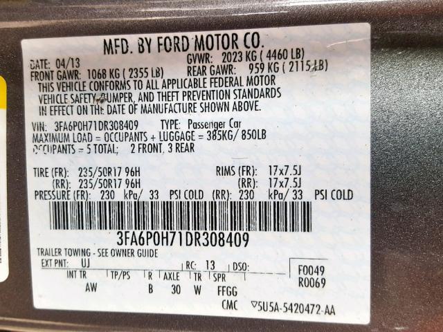 3FA6P0H71DR308409 - 2013 FORD FUSION SE GRAY photo 10