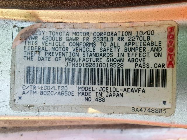 JTHBD182810018528 - 2001 LEXUS IS 300 SILVER photo 10