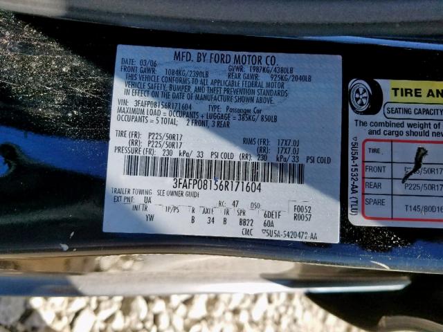 3FAFP08156R171604 - 2006 FORD FUSION SEL BLACK photo 10