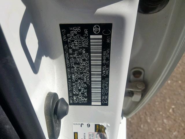 JTDKN3DP3D3047529 - 2013 TOYOTA PRIUS PLUG WHITE photo 10