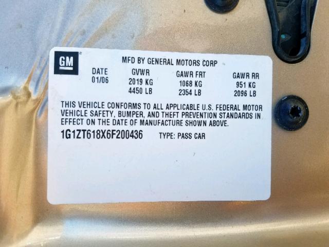 1G1ZT618X6F200436 - 2006 CHEVROLET MALIBU MAX 金色 照片 10