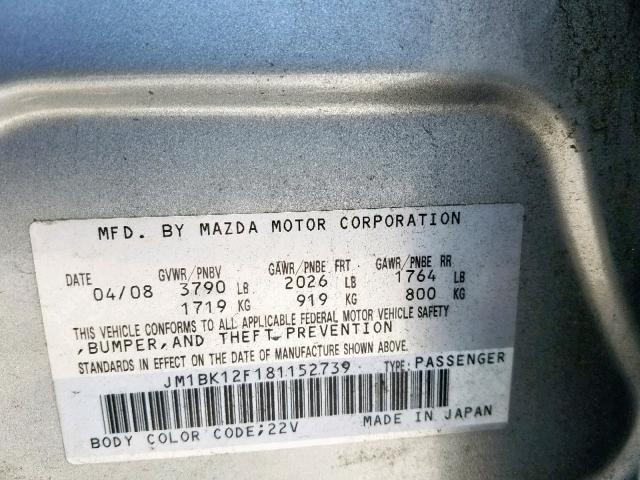 JM1BK12F181152739 - 2008 MAZDA 3 I SILVER photo 10