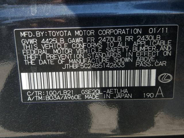 JTHBF5C24B5142633 - 2011 LEXUS IS 250 GRAY photo 10