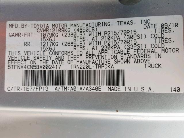 5TFNX4CN5BX002417 - 2011 TOYOTA TACOMA SILVER photo 10